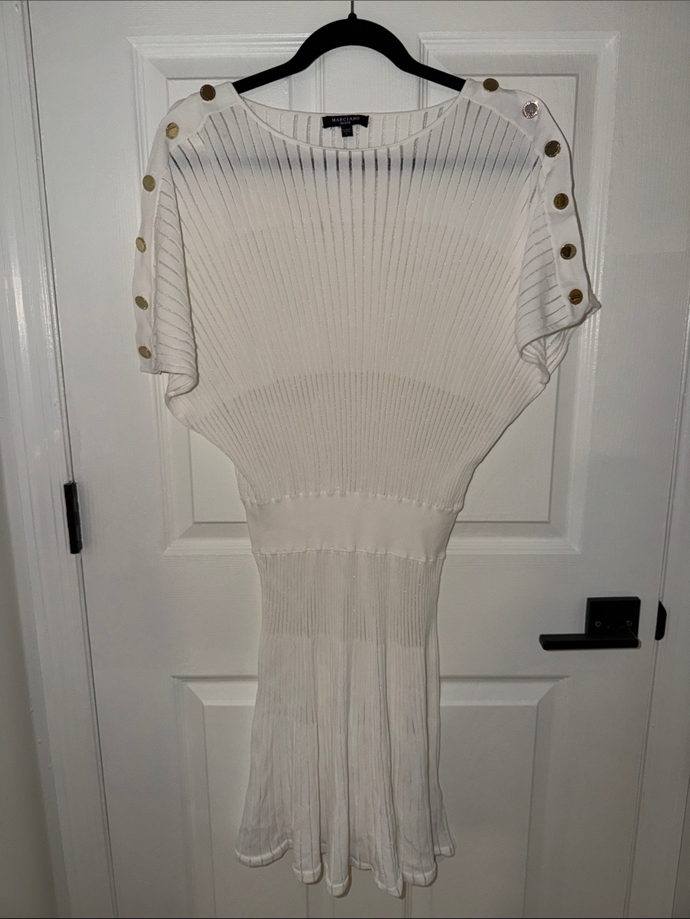 Guess by Marciano White Ribbed Midi Dress with Gold Buttons
